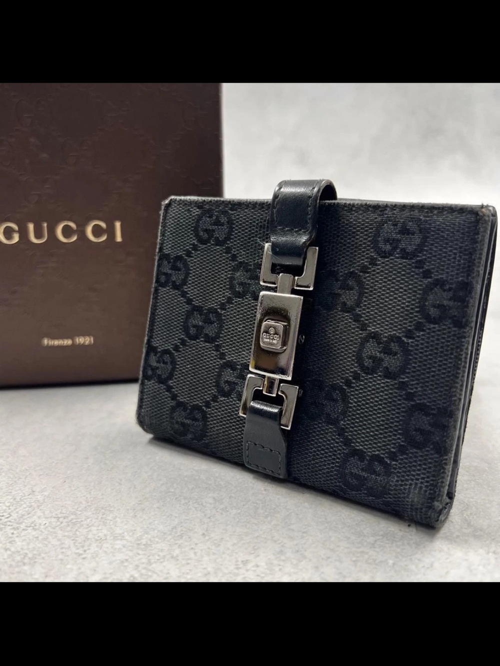 Gucci Black Monogram Canvas Card Wallet with Silver Hardware